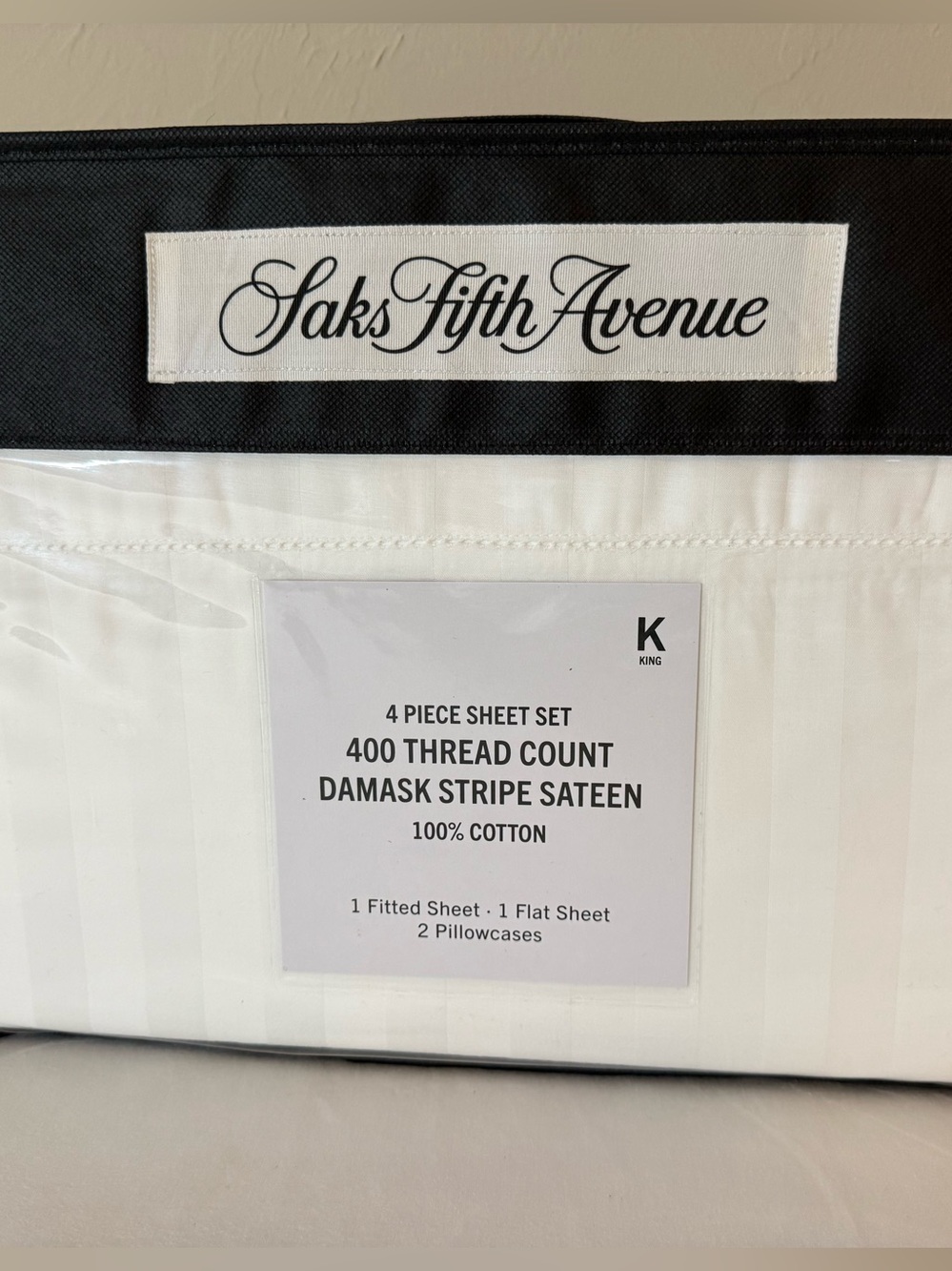 Saks Fifth Avenue White 400 Ct Cotton Damask Stripe Sateen King Sheet Set